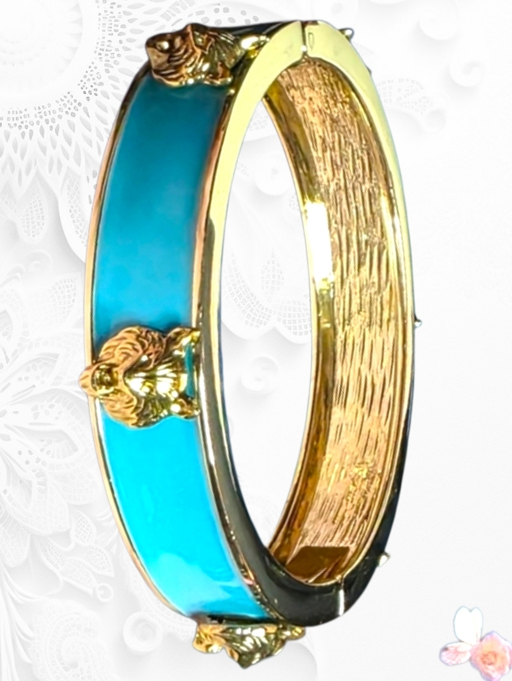 Turquoise Enamel Lion Head Hinge Cuff Bangle Bracelet Gold Tone 745